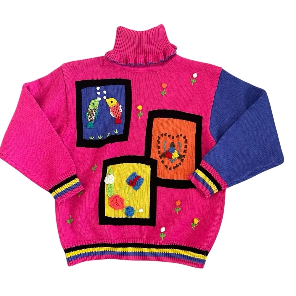 Pink Retro Color Block Turtle Neck Sweater XS/S